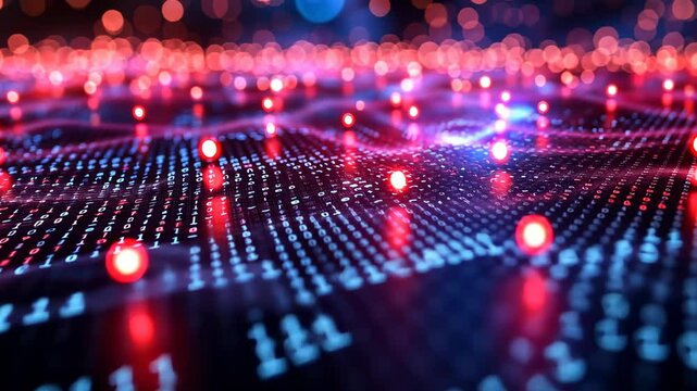 Abstract Digital Binary Code Data Visualization with Red and Blue Glowing Dots and Wave Surface Background