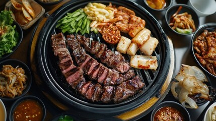 A sizzling Korean BBQ grill with beef, pork belly, and vibrant side dishes --ar 16:9 --v 6.1 Job ID: 774f068d-4470-4c91-a20e-6a5cf257711d