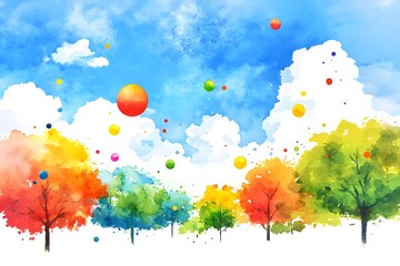 Colorful Watercolor Trees  Sky  Clouds  Abstract Art