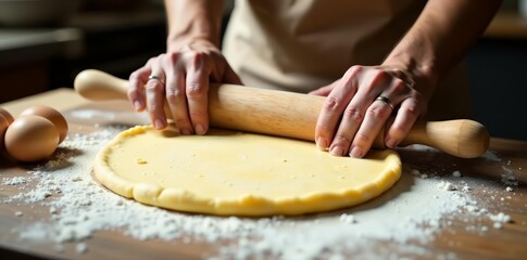 Baker's hands rolling out dough with flour and eggs, kneading, dough, homemade
