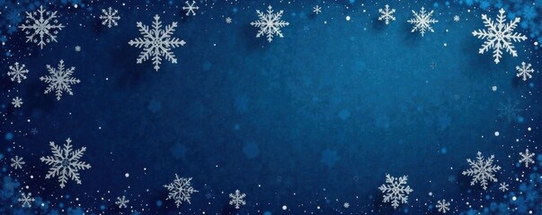 Minimalist design featuring a dark blue winter background with intricate hand-drawn snowflake patterns, frosty, frost