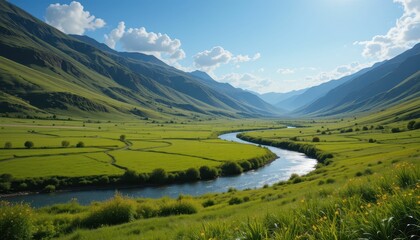 Naklejka premium Serene Mountain Valley Landscape with River and Lush Greenery