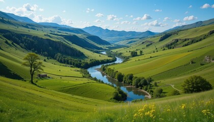 Obraz premium Panoramic View of Serene Green Valley with River and Rolling Hills