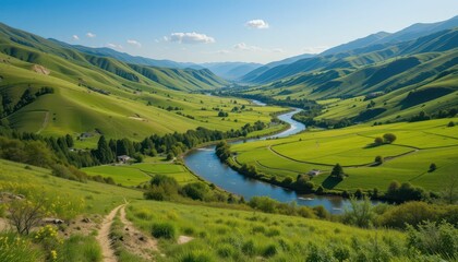 Fototapeta premium Serene River Valley Surrounded by Lush Green Hills and Blue Sky