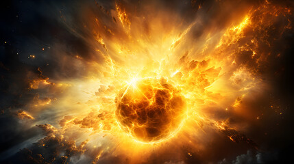 Fototapeta premium Massive explosion of fire erupting in space with alien landscapes in the background of a distant exoplanetary scene.