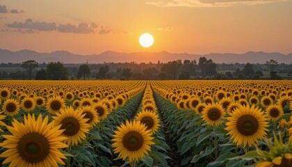 Fototapeta premium Vibrant Sunflower Field Under Golden Sunset with Mountain Background