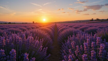Stunning Lavender Field at Sunset with Vibrant Purple Flowers