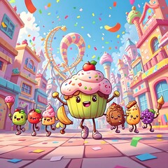 Obraz premium Dancing Food Parade in a Candy-Colored Wonderland