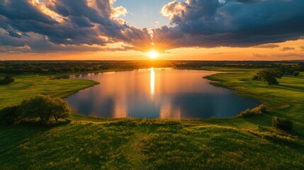 Awe-inspiring sunset over a serene lake with vibrant colors and a peaceful atmosphere for nature lovers