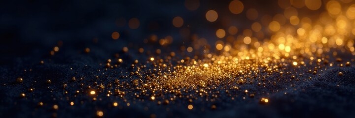Luxurious metallic gold dust sprinkled on dark velvet background , celebration, dust