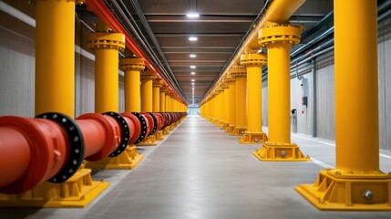 Industrial corridor with yellow support columns and red pipes in a modern infrastructure setting