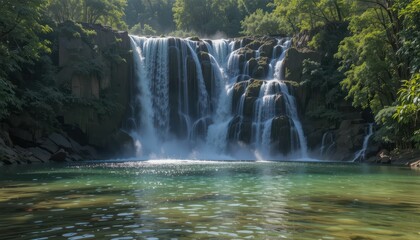 Fototapeta premium Serene Waterfall Cascading into Crystal Clear Pool Surrounded by Trees