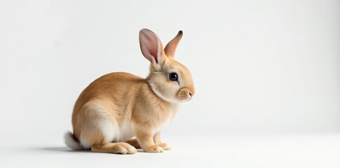 Fototapeta premium Beautiful rabbit with soft fur sitting gracefully on white backdrop, easter, isolated, breed