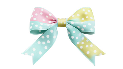 Pastel colored ribbon bow with polka dots on transparent background