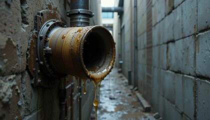 Leaking Pipe in Urban Alleyway with Water Droplets and Grime