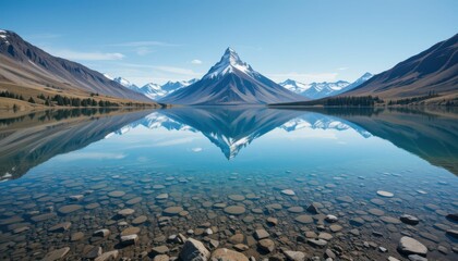 Naklejka premium Serene Mountain Landscape with Lake Reflection and Clear Blue Sky