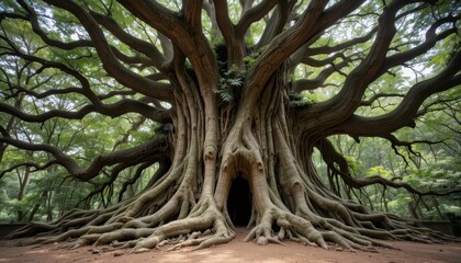 Obraz premium Majestic Ancient Tree with Extensive Root System and Dense Foliage