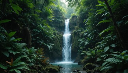 Fototapeta premium Serene Waterfall Surrounded by Lush Tropical Greenery and Plants