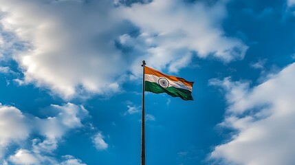 Indian flag waving proudly against a beautiful cloudy blue sky