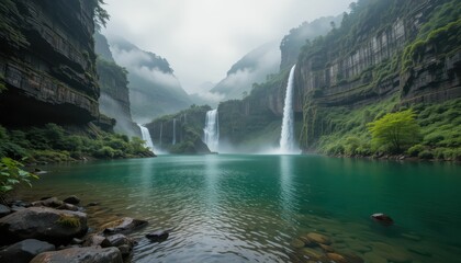 Fototapeta premium Majestic Waterfalls in a Lush Green Valley Surrounded by Mist
