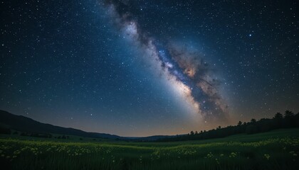 Fototapeta premium Night Sky with Milky Way Over Flowering Meadow in Serene Landscape