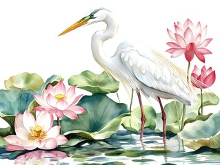Naklejka premium Elegant White Heron in Lotus Pond Watercolor Painting