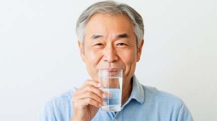 Older man in light blue shirt holding a glass of water with a subtle smile