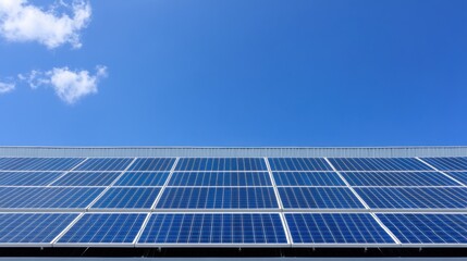 Obraz premium Bright Blue Sky Over Array of Solar Panels Highlighting Renewable Energy and Sustainable Power Solutions