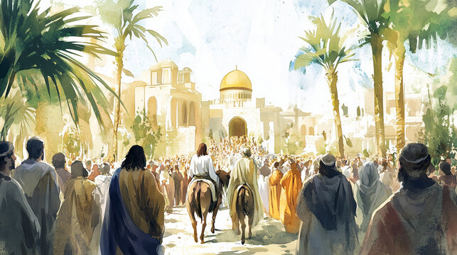 Watercolor Illustration of Jesus Entering Jerusalem on Palm Sunday: A New Testament Biblical Scene of Faith and Reverence