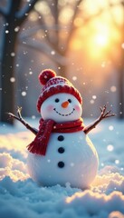 Obraz premium happy snowman enjoying the sunshine and snowfall on a cold winter day, cheerful snowman, snowy forest, winter scenery