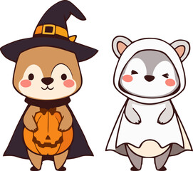 Cute Halloween Animals in Costume - Cartoon Style