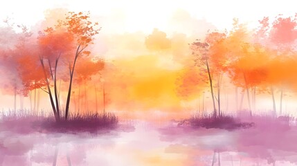 Obraz premium Serene Autumn Watercolor Landscape Misty Forest Reflection