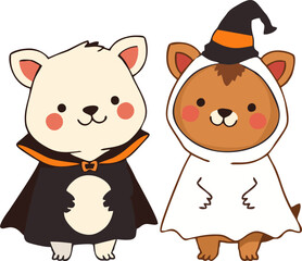 Cute Halloween Animals in Costume - Cartoon Style