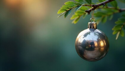 Hanging silver metal ball ornament hanging from a branch, evergreen, greenery