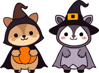 Cute Halloween Animals in Costume - Cartoon Style