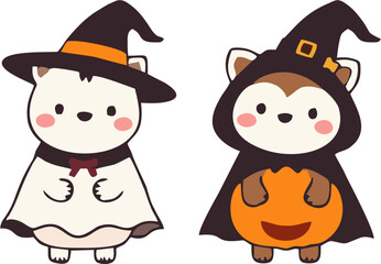 Cute Halloween Animals in Costume - Cartoon Style