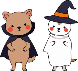 Cute Halloween Animals in Costume - Cartoon Style