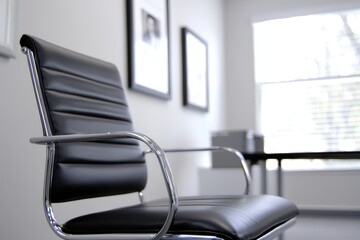 A sleek, modern black chair with chrome arms sits in a bright, minimalist office space featuring framed pictures and natural light.