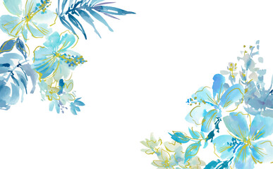 A transparent background with an abstract blue hibiscus flowers, monstera, tropical foliage, and gold line art, painted in watercolor. A vector frame with tropical plants.