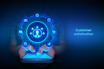 Customer satisfaction. Customer survey and feedback analytics. Using AI and automation technology in marketing for customer service. Smartphone in hands. Using smartphone. Vector illustration.