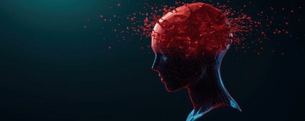 A digital rendering of a human head with a fragmented surface and red particles, symbolizing thought, creativity, and the complexity of the mind.