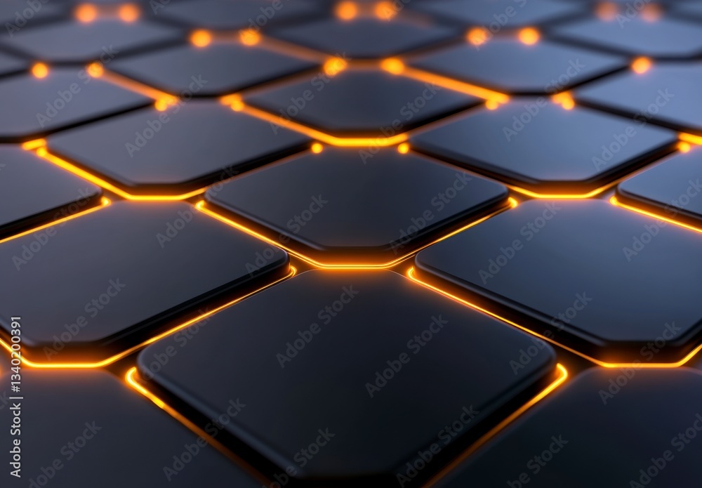 Poster abstract background of dark gray square tiles with glowing orange edges, creating a technological or