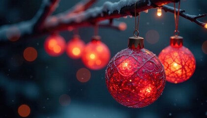 Obraz premium Glowing spherical ornaments suspended from a branch, holiday, tree, ornament