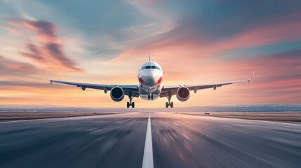 Airplane Approaching Runway at Sunset with Colorful Sky and Dramatic Clouds Above