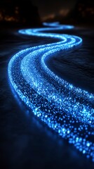 Abstract glowing blue particles trail along a dark, winding path. The light creates a dynamic, flowing effect against the textured, dark background.