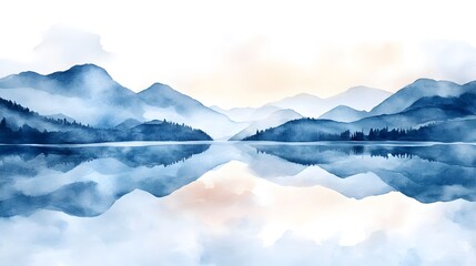 Serene Blue Mountain Lake Reflection Watercolor Painting