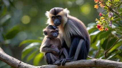 Obraz premium Sunlit Play: A Purple-Faced Langur Mother and Child in a Blooming Paradise