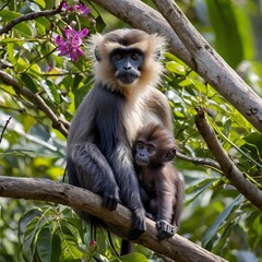 Petal Playtime: A Mother and Baby Purple-Faced Langur in a Floral Wonderland