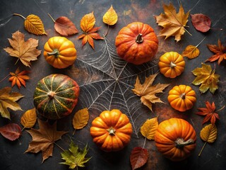 Fototapeta premium Happy Halloween Flat Lay: Pumpkins, Leaves & Spiderweb on Black