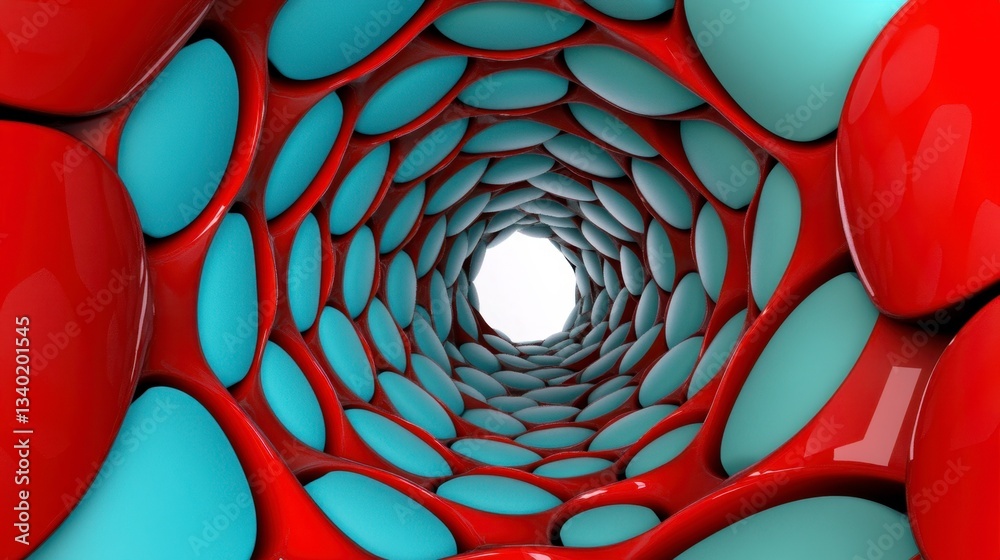 Poster abstract 3d rendering of a tunnel with red and teal organic shapes. light at the end of the tunnel. 